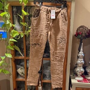 Gigi Moda Jazz Tan Leopard Patchwork Women Pants Italy